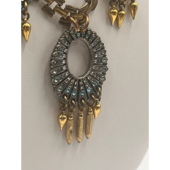 Lulu Frost Designer Signed Blue Crystal Chunky Statement Gold Tone Necklace - Picture 4 of 10